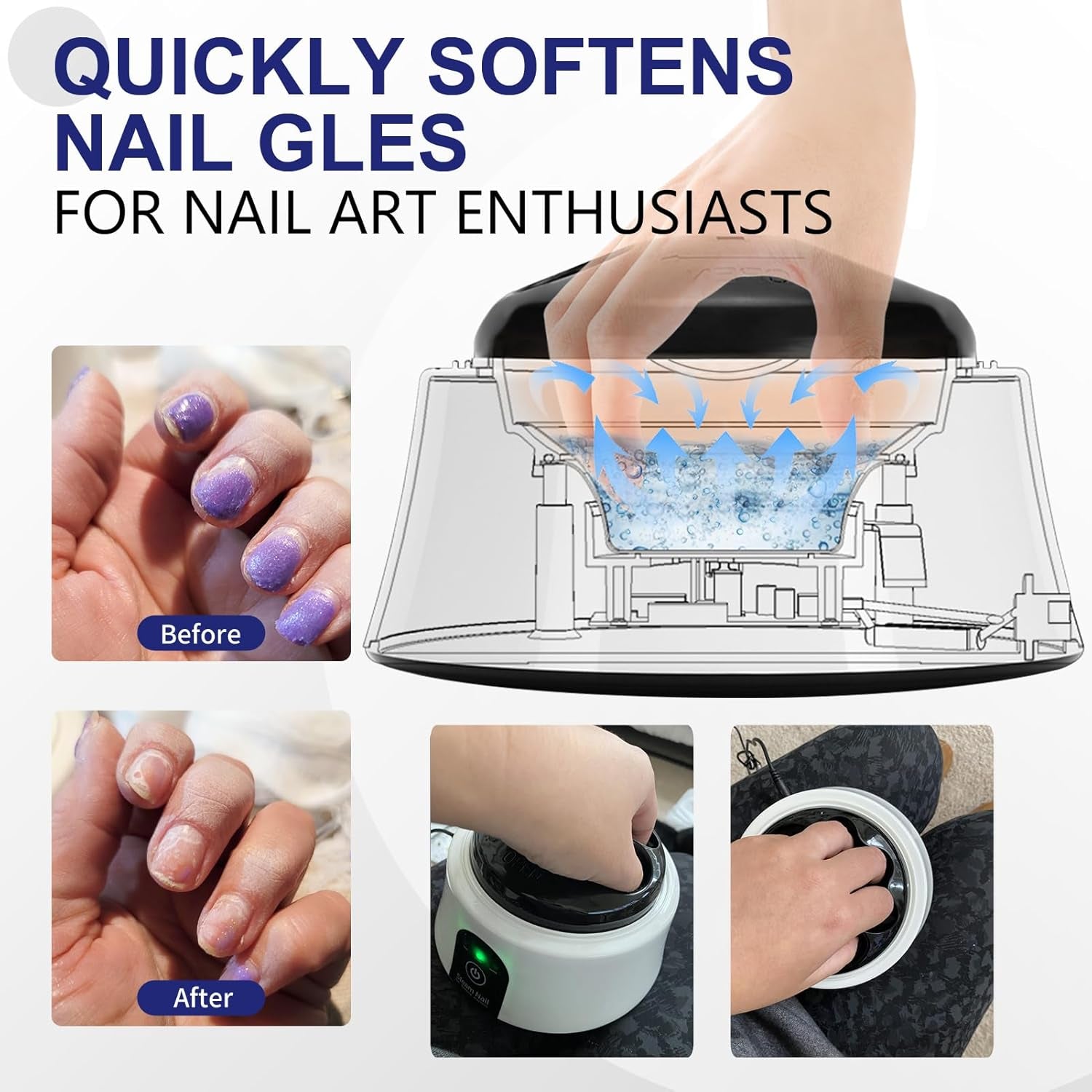 Revolutionary Nail Soaking Bowl: Electric Manicure Soaker for Effortless Nail Polish Removal, Complete with Colorful Cuticle Pushers - Stylish Black Design